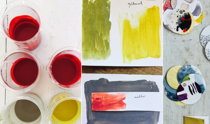 Painting supplies and painted swatches.