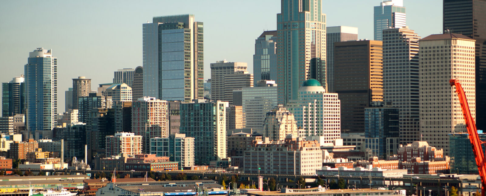 Seattle skyline and ferries as seen from Elliott Bay.