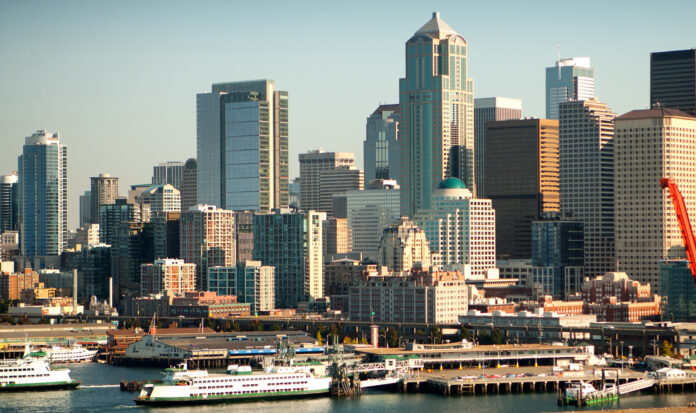 Seattle skyline and ferries as seen from Elliott Bay.