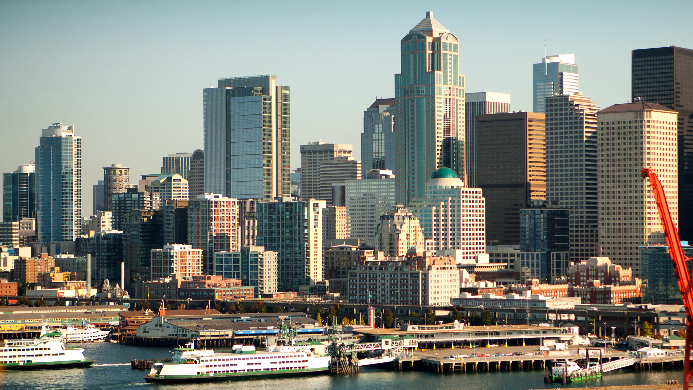 Seattle skyline and ferries as seen from Elliott Bay.
