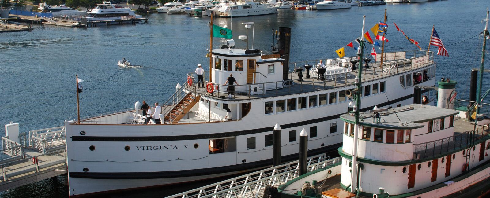 The Virginia V and the Arthur Foss docked at the historic ship wharf in Lake Union