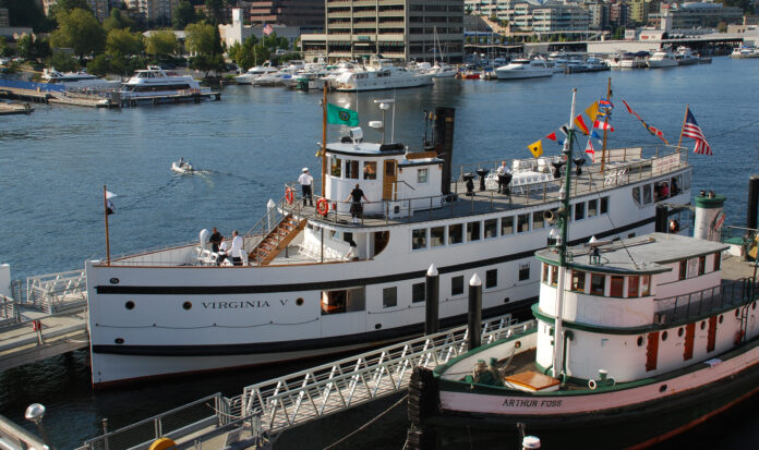 The Virginia V and the Arthur Foss docked at the historic ship wharf in Lake Union