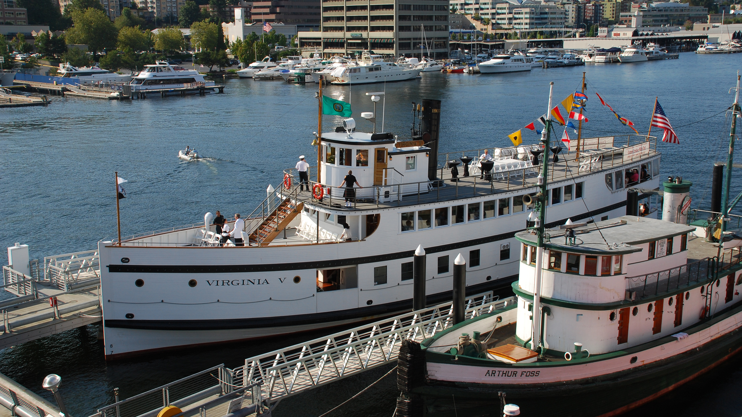 The Virginia V and the Arthur Foss docked at the historic ship wharf in Lake Union