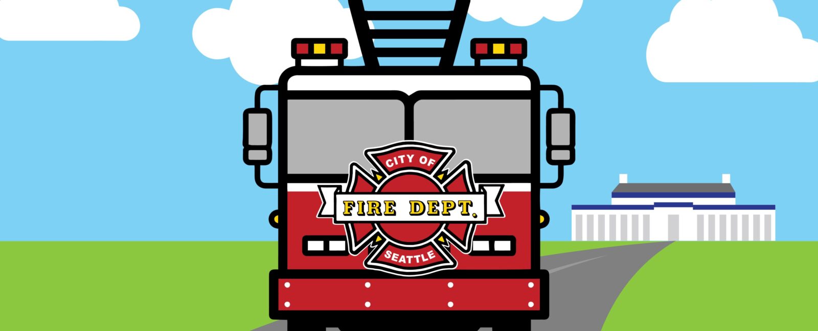 A cartoon image of a Seattle firetruck leaving MOHAI