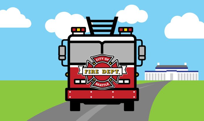 A cartoon image of a Seattle firetruck leaving MOHAI
