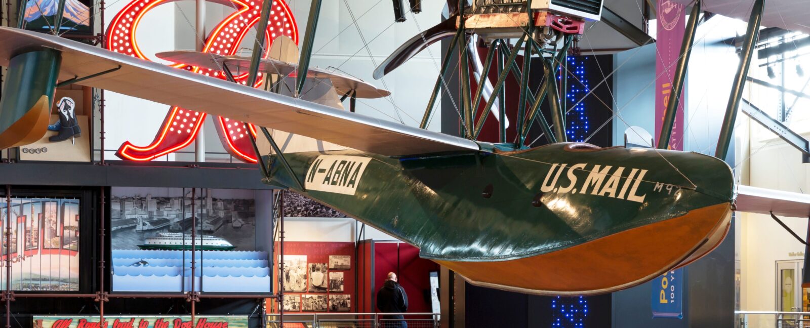Boeing B-1 hanging in the MOHAI Grand Atrium.