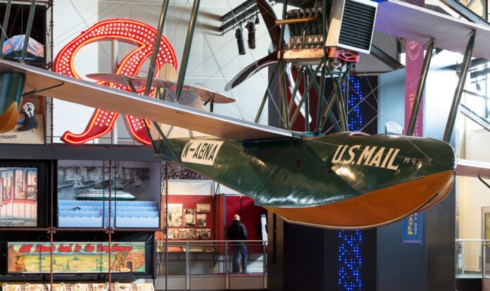 Boeing B-1 hanging in the MOHAI Grand Atrium.