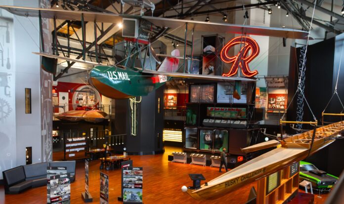 MOHAI Grand Atrium with Boeing B-1 and the 1950 U-27 Slo-mo-shun IV on display.
