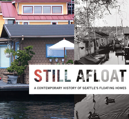Modern, colorful Seattle floating homes adjacent to historic, smaller, black and white floating homes.