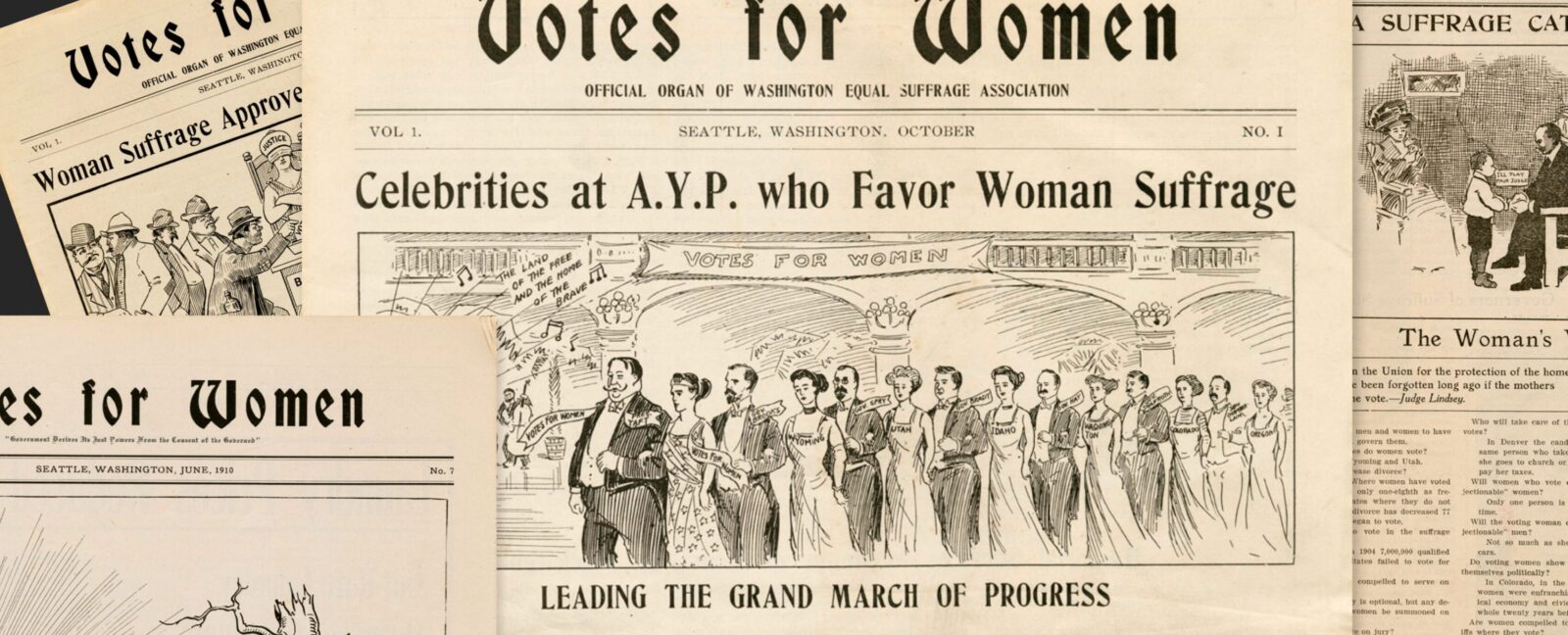 A montage of "Votes for Women" newspapers. The main headline reads, "Celebrities at A.Y.P. who Favor Woman Suffrage".