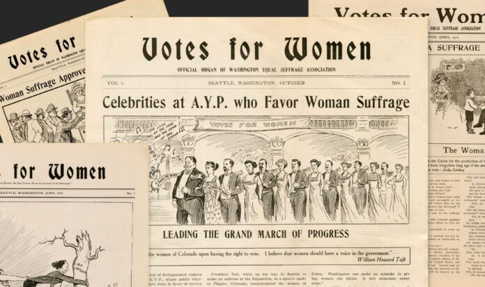 A montage of "Votes for Women" newspapers. The main headline reads, "Celebrities at A.Y.P. who Favor Woman Suffrage".