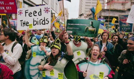 Demonstrators in turtle costumes at WTO protest in downtown Seattle, WA, 1999.