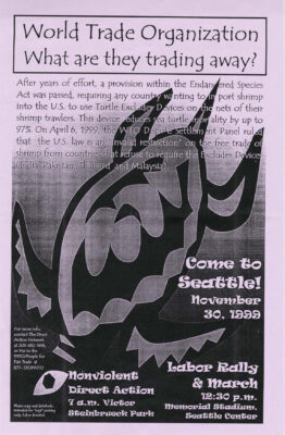 A purple flier with black text titled "World Trade Organization: What Are They Trading Away?"