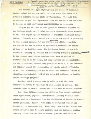 Draft of speech given by Evelyn J. Chapman to King County legislators, 1968.
