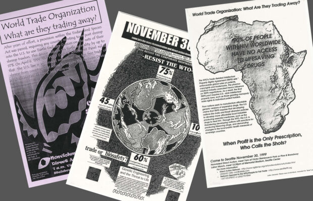 Three posters from the WTO protests in Seattle, WA on November 30, 1999.