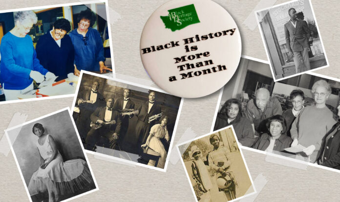 A "Black History is More Than a Month" button surrounded by photos of individuals in a variety of poses.