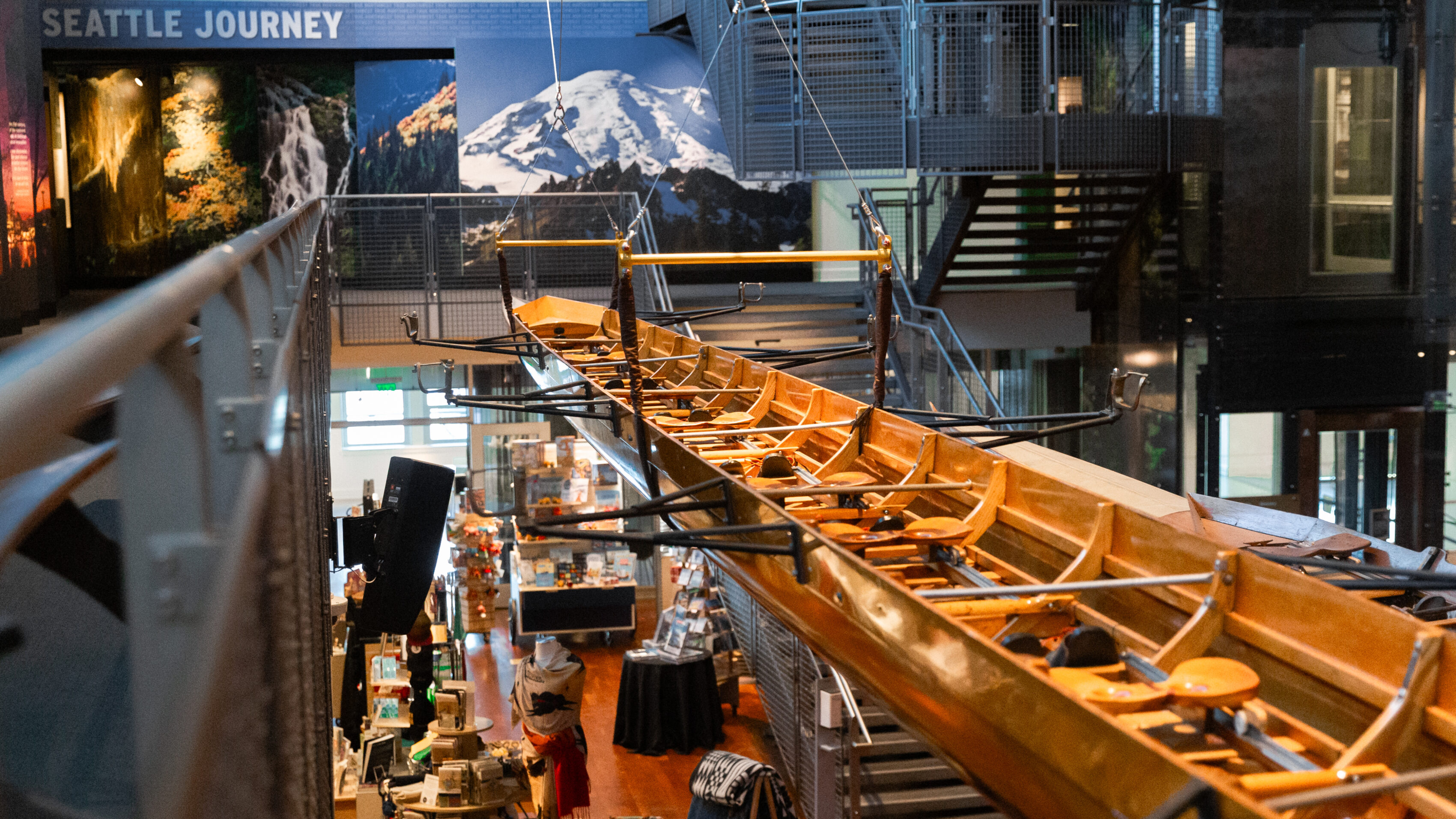 The Pocock shell hangs in the Grand Atrium at MOHAI.