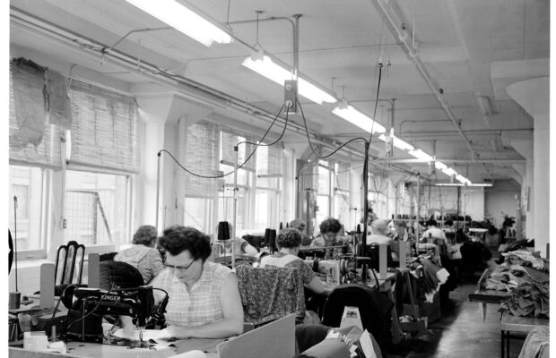 Seamstresses sewing skiwear at Roffe, Inc., Seattle, circa 1960.