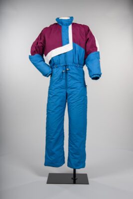 ROFFE burgandy and blue one-piece ski suit, 1980s.