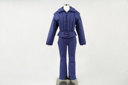 Blue, two-piece Roffe ski suit, 1990.