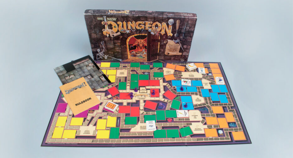 Dungeon board game with a colorful map of a simple six-level dungeon with hallways, rooms, and chambers.
