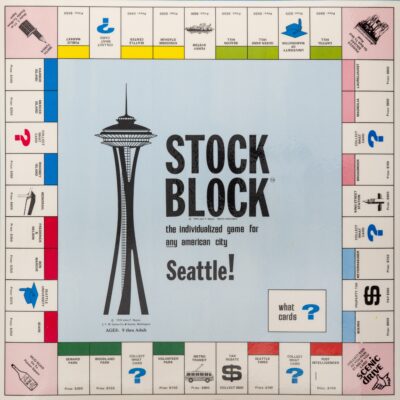 A minimalist Seattle-themed board game with the Space Needle illustration at the center.