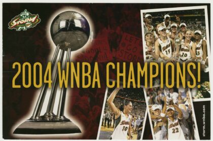A postcard celebrating the Seattle Storm's 2004 WNBA Championship victory. The image features the championship trophy on the left with "2004 WNBA CHAMPIONS!" in bold yellow letters across the center. On the right, there are three smaller images of the team celebrating, including Sue Bird and other players holding the trophy.