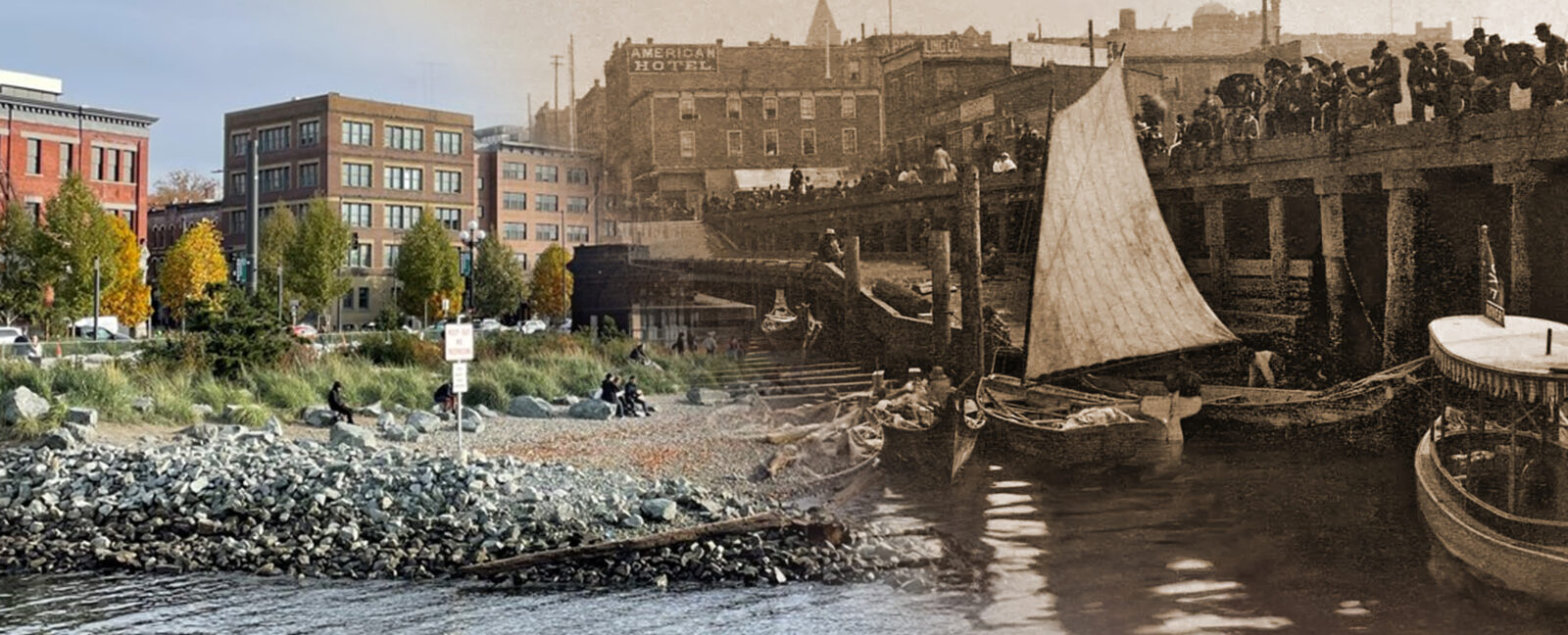 Habitat Beach from water, courtesy of Friends of Waterfront Park. Waterfront, with moored Indigenous canoes, Seattle, Washington ca 1892.
