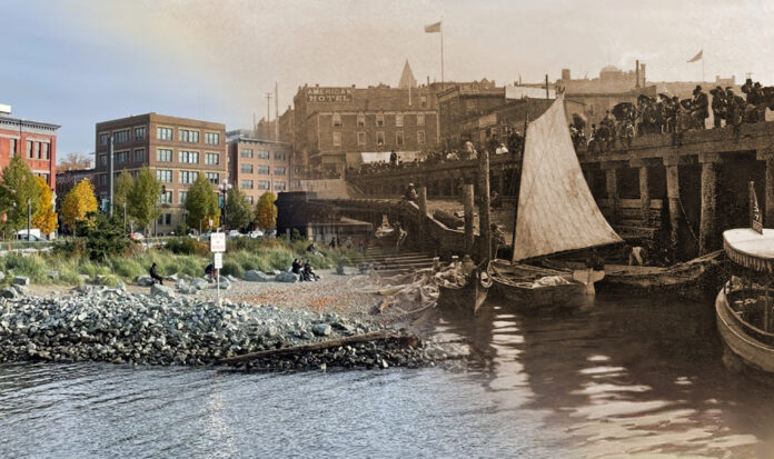 Habitat Beach from water, courtesy of Friends of Waterfront Park. Waterfront, with moored Indigenous canoes, Seattle, Washington ca 1892.