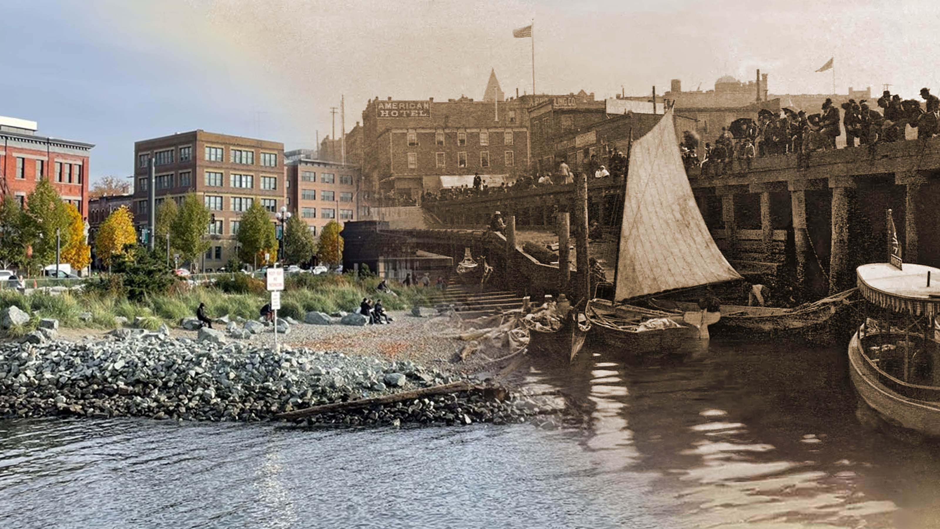 Habitat Beach from water, courtesy of Friends of Waterfront Park. Waterfront, with moored Indigenous canoes, Seattle, Washington ca 1892.