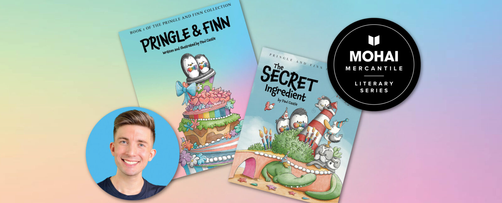 Author, Paul Castle with two of his published childrens' books, Pringle & Finn and The Secret Ingredient.