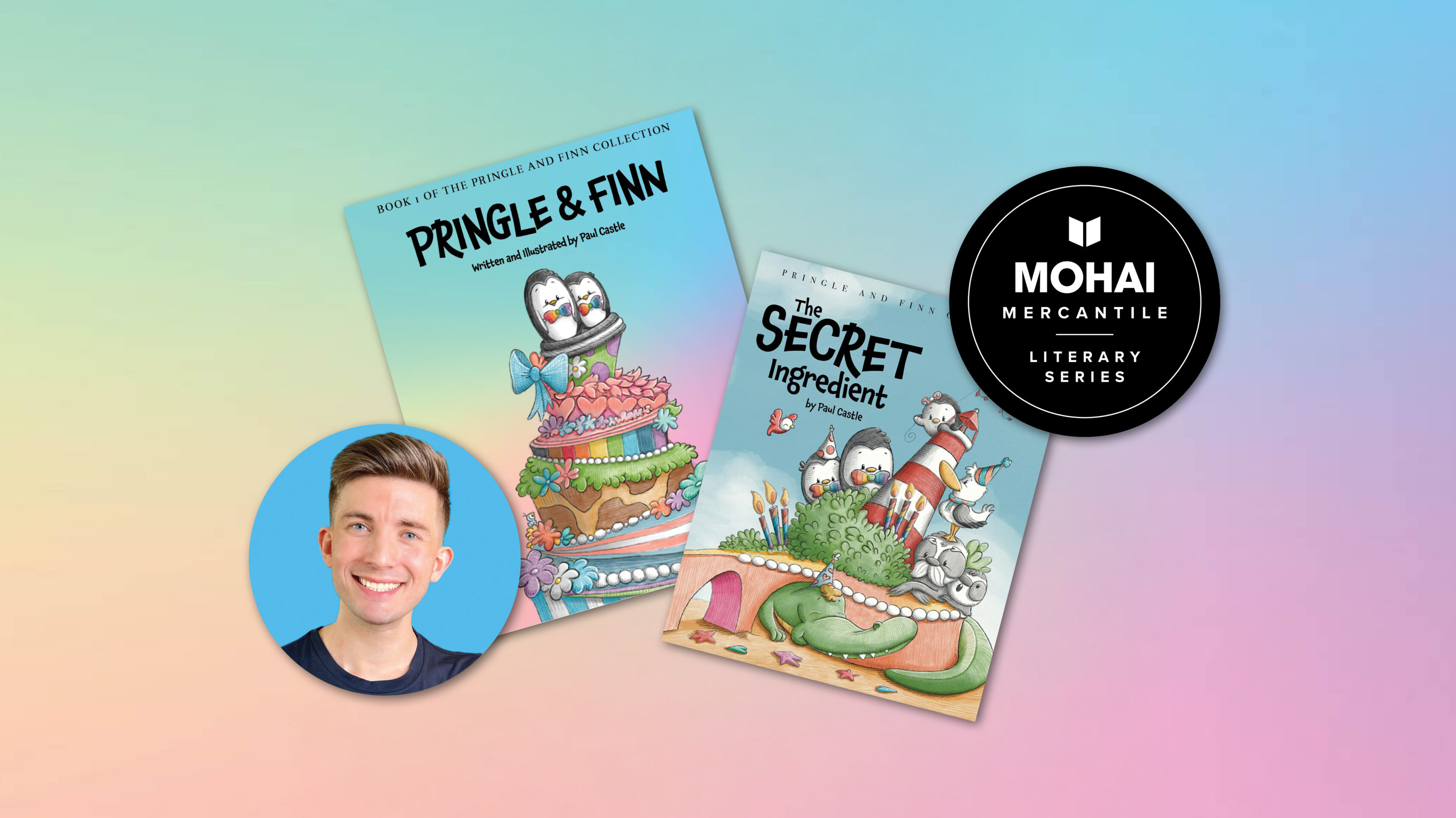 Author, Paul Castle with two of his published childrens' books, Pringle & Finn and The Secret Ingredient.