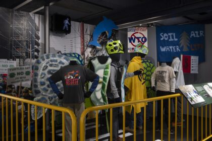 A photo of mannequins dressed in handmade turtle costumes and t-shirts protesting the WTO inside a museum exhibit.