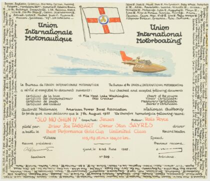 1956 certificate from the Union of International Motorboating honoring Slo-Mo-Shun IV for winning the Gold Cup on Lake Washington, featuring a colorful illustration of the hydroplane in action.