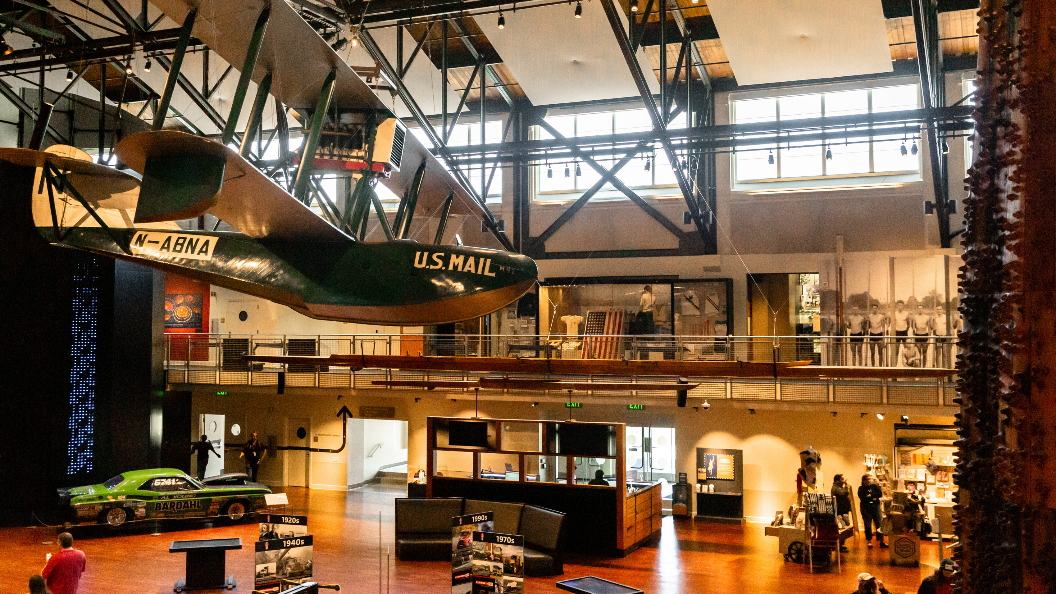 A view of the Grand Atrium at MOHAI with the Boeing B1 n the foreground and the Al Young's Dodge Charger in the background.