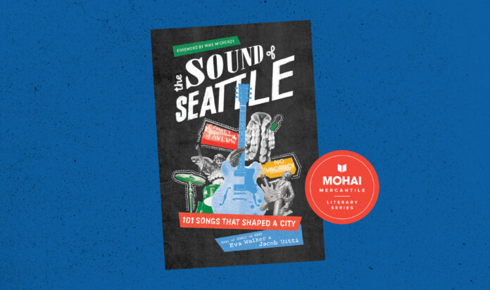 The Sound of Seattle: 101 Songs That Shaped the City book cover showing a Gibson ES-330 guitar, Jimi Hendrix playing Fender Stratocaster, and a drum set.