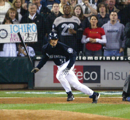 Ichiro Suzuki collects hit number 258, breaking the record of 257 held by George Sisler, during the 2004 MLB season.