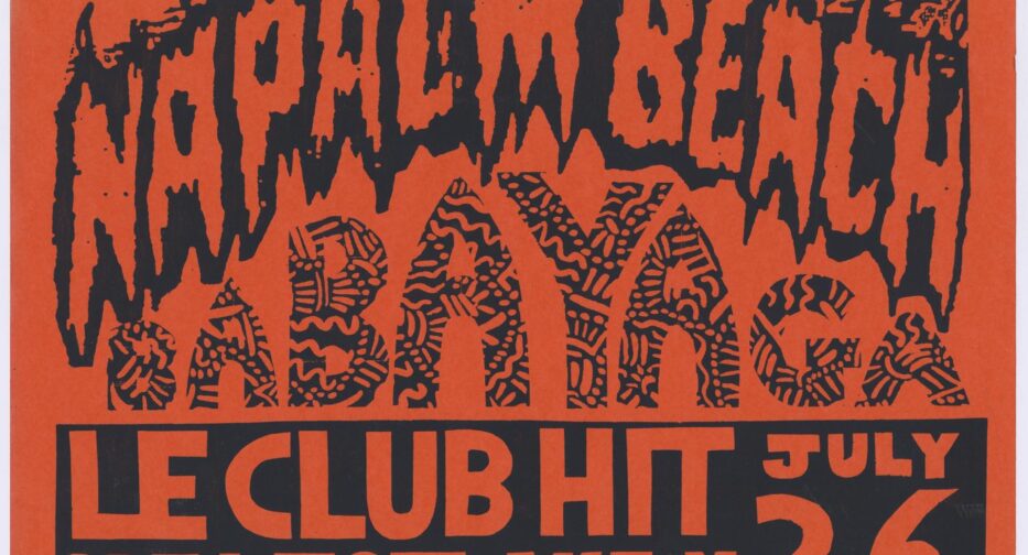 Orange poster with black text advertising the concert of Napalm Beach and Baba Yaga on July 26.