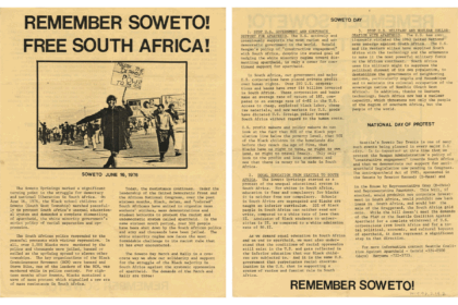 Double sided paper flier titles Remember Soweto! Free South Africa! with a photo of a protest.