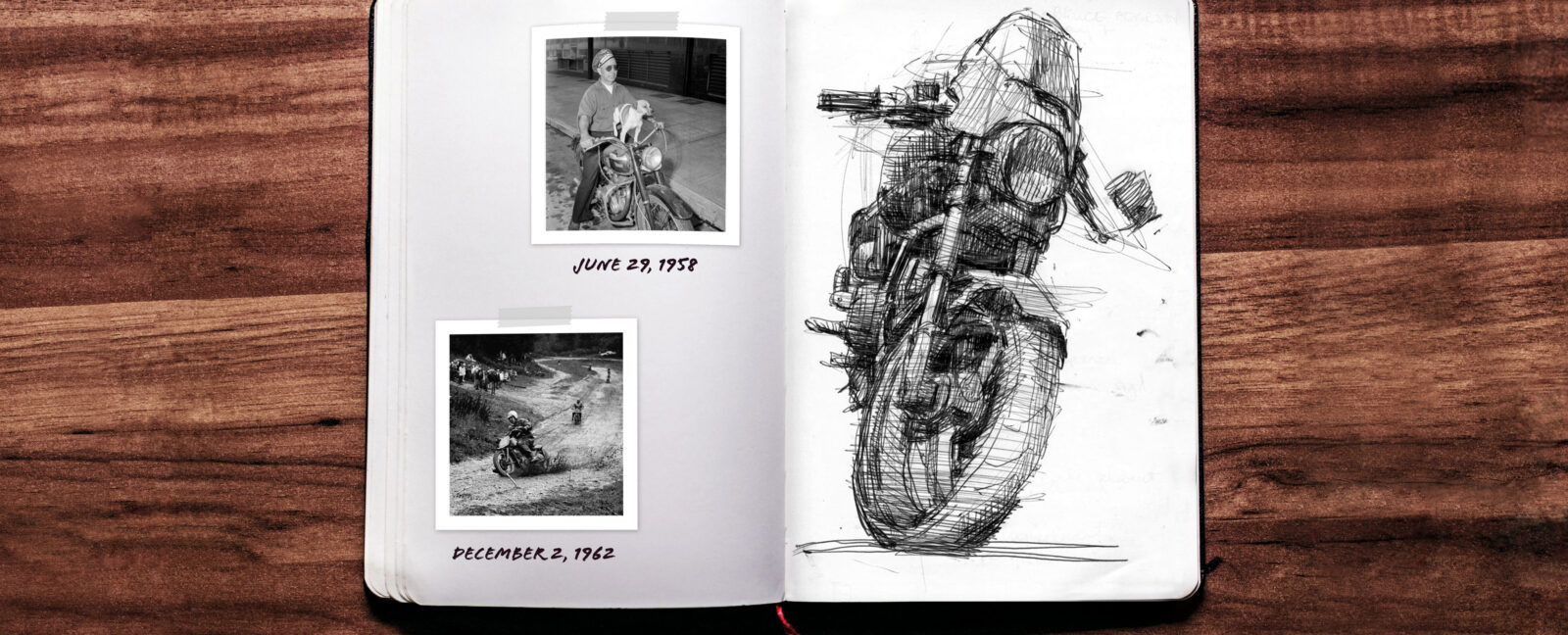 A notebook on a wooden table with images of motorcycles and riders on the left and a motorcycle sketch on the right.