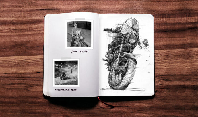 A notebook on a wooden table with images of motorcycles and riders on the left and a motorcycle sketch on the right.
