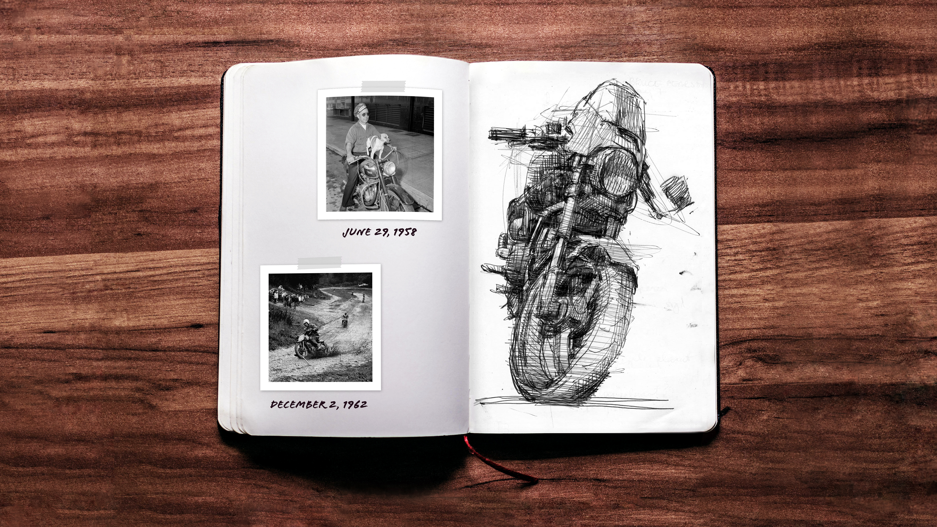 A notebook on a wooden table with images of motorcycles and riders on the left and a motorcycle sketch on the right.