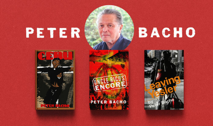 Peter Bacho shown with three of his books, Cebu, Uncle Rico's Encore, and Leaving Yesler.