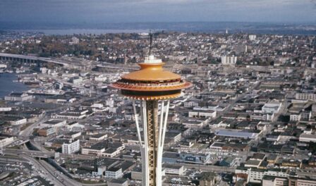 Aerial view, looking northeast, of the top of the Space Needle, Seattle, 1962.