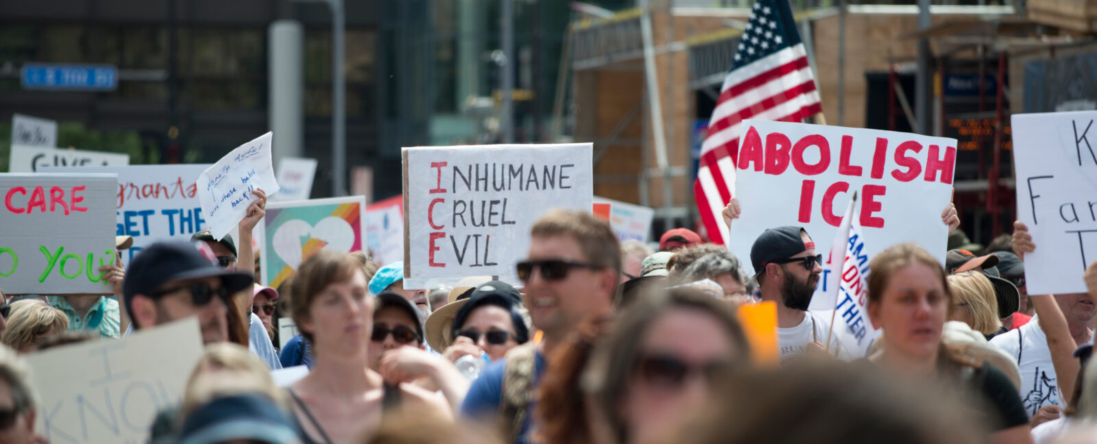 March and Day of Action in Minneapolis, Minnesota, June 30, 2018 with signs reading, "Free Our Future", "Families Belong Together", "Abolish ICE".