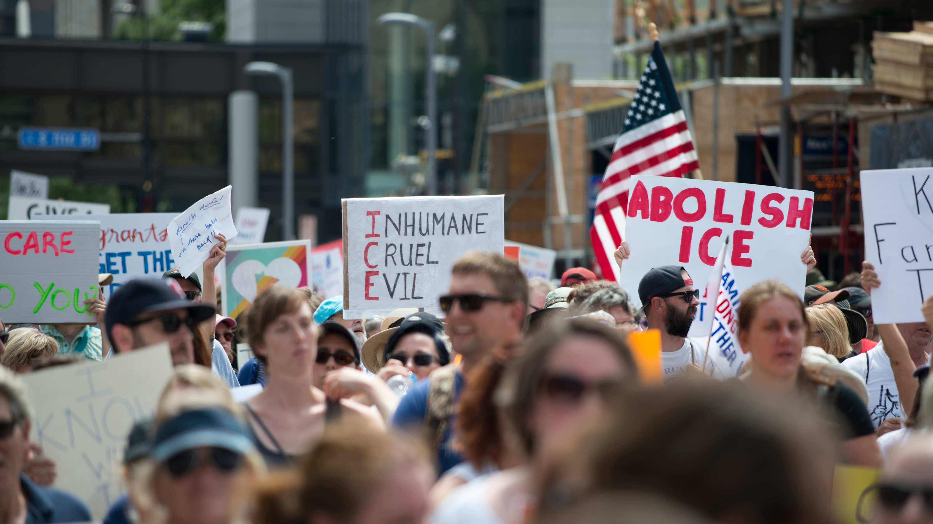 March and Day of Action in Minneapolis, Minnesota, June 30, 2018 with signs reading, "Free Our Future", "Families Belong Together", "Abolish ICE".