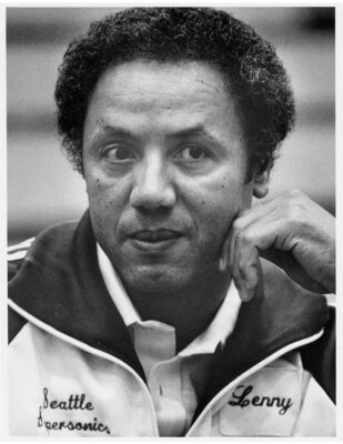 Black and white photograph of Lenny Wilkens at the first Seattle Supersonics practice in 1984.