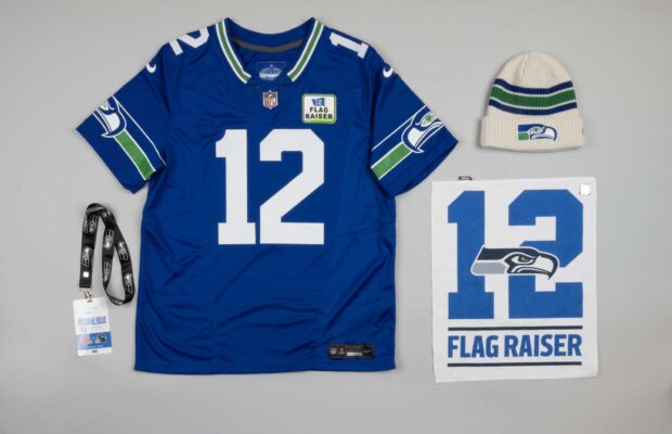 Bill Nye's jersey, cap, towel, and badge from 12th man flag raising, Nov. 19, 2023