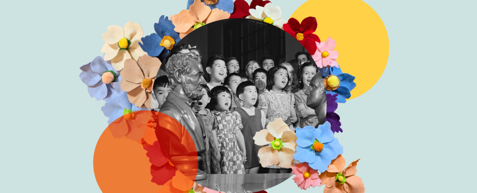 Asian children singing surrounded by flowers. A bust of Abraham Lincoln is in the foreground to the left.