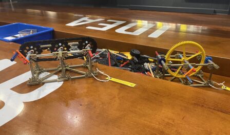 A collection of LEGO Technic pieces displayed on a wooden table.